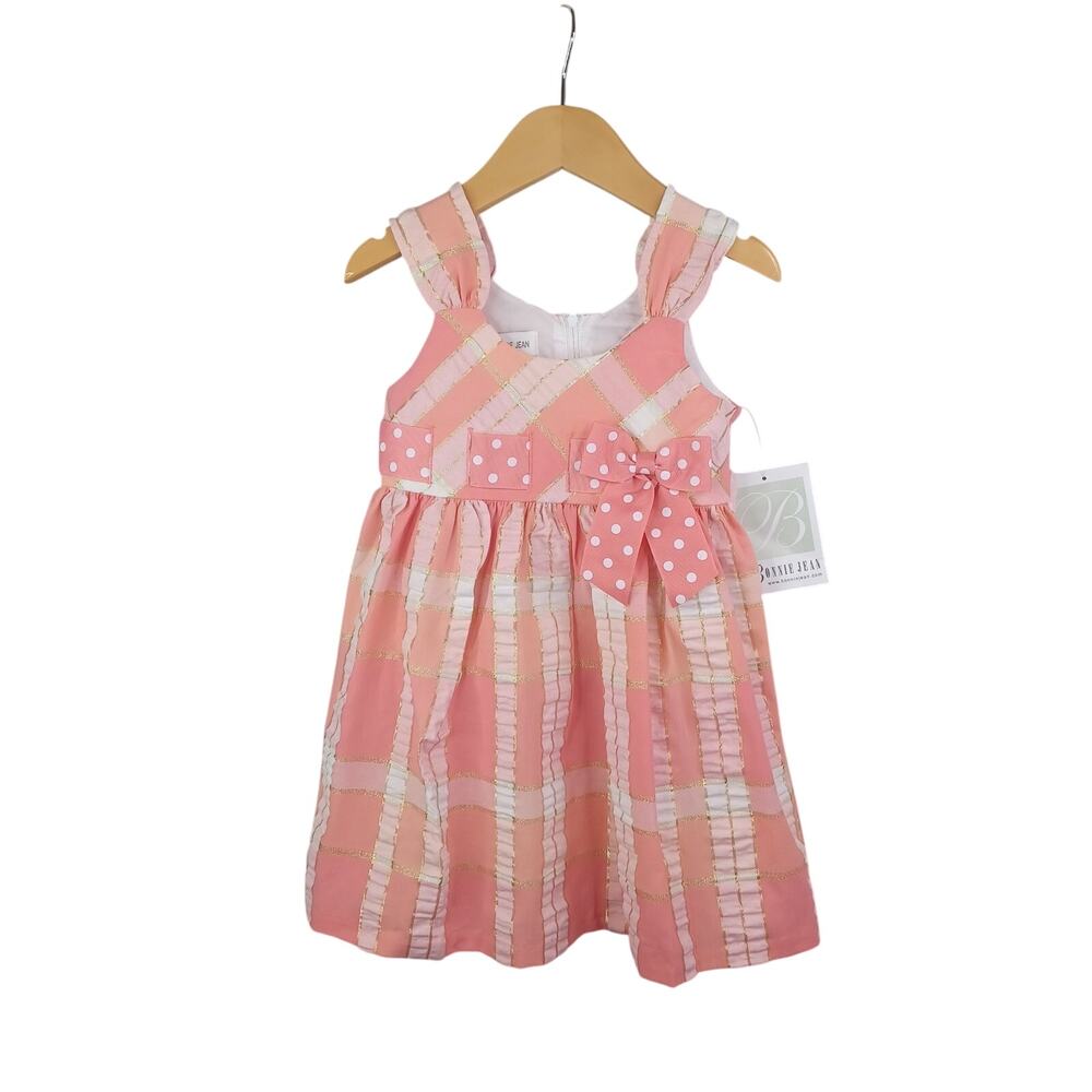 Bonnie Jean Girls Plaid Bow Tie Waist‎ Dress Size 3T Coral Sleeveless Sundress